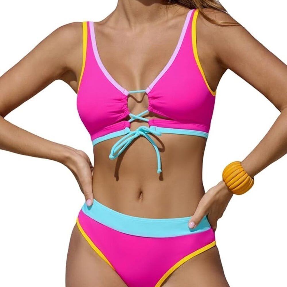 Cupshe Pink Blue Color Block Bikini Set